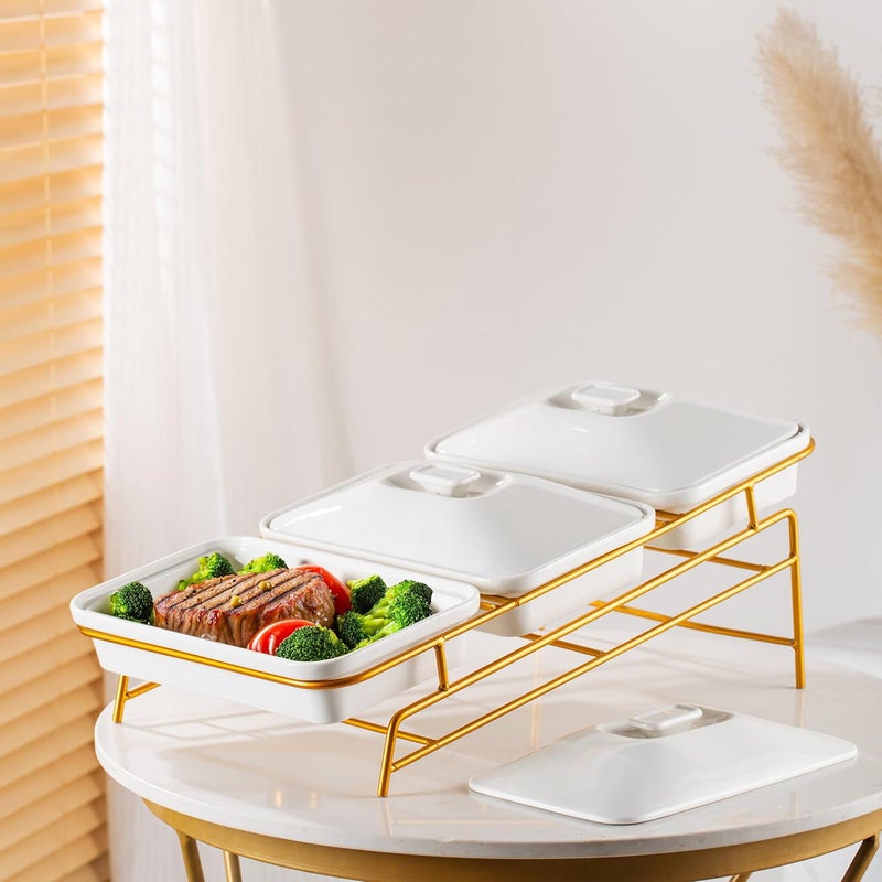 شالو طقم كاسرول بورسلين 3 طبقات مع حامل ذهبي - 30 سم × 3 - Image 2